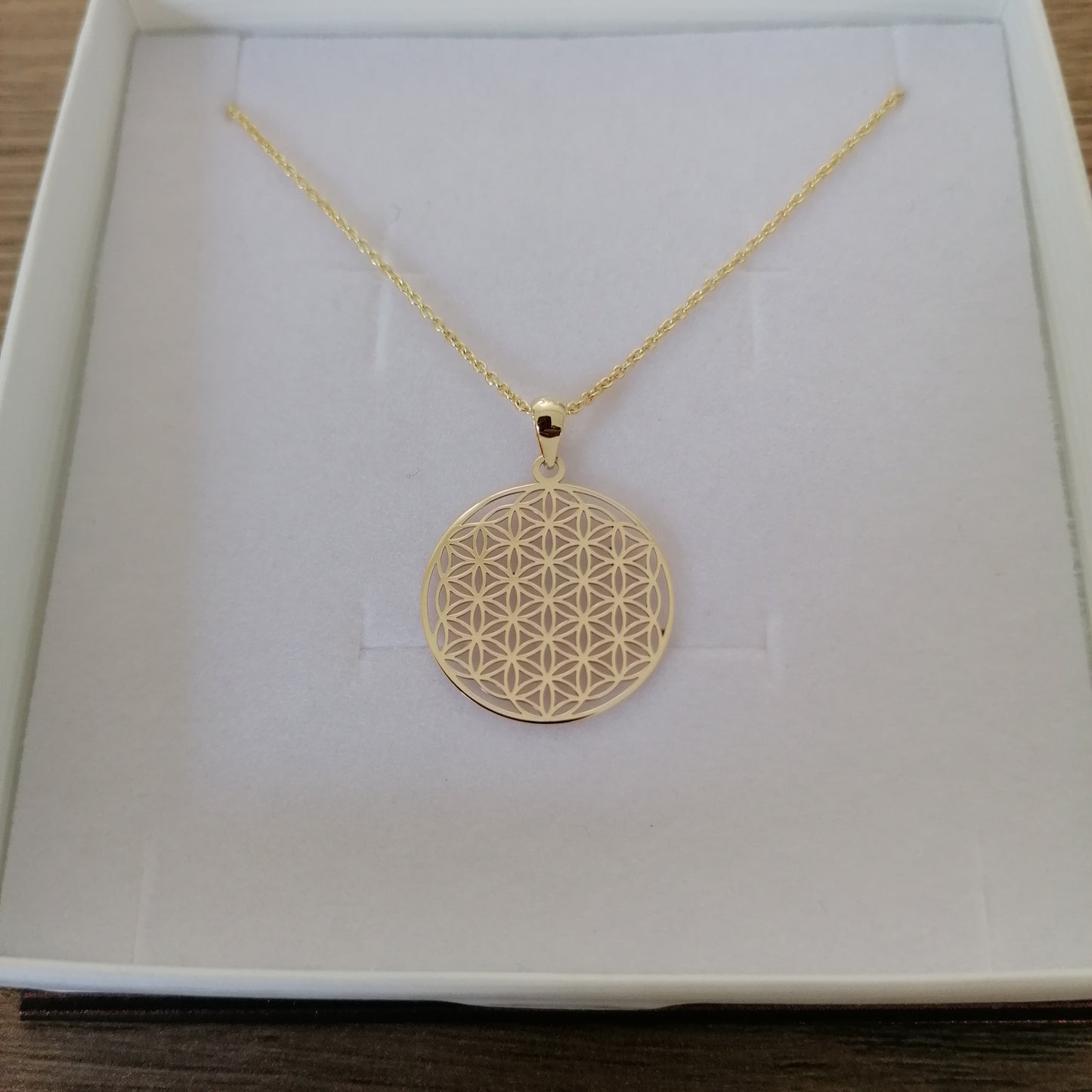 1,1mm Ankerkette in 375er Gold mit 375er Goldanhänger Blume des Lebens